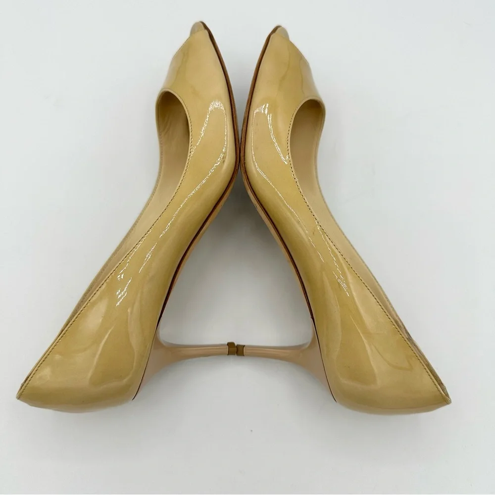Jimmy Choo peep toe pumps tan patent leather medium heel - Picture 4 of 15
